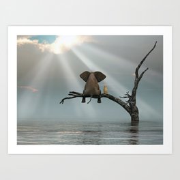 elephant and dog sit on a tree during a flood Art Print