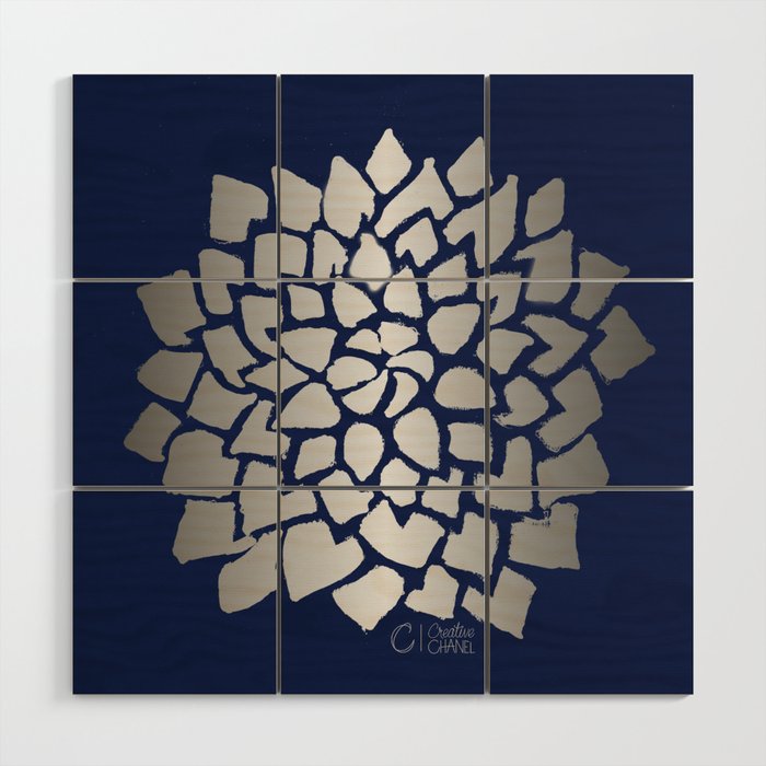 Dahlia Burst Silver on Navy Wood Wall Art