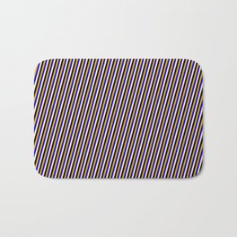 [ Thumbnail: Bisque, Black, Goldenrod, and Blue Colored Pattern of Stripes Bath Mat ]
