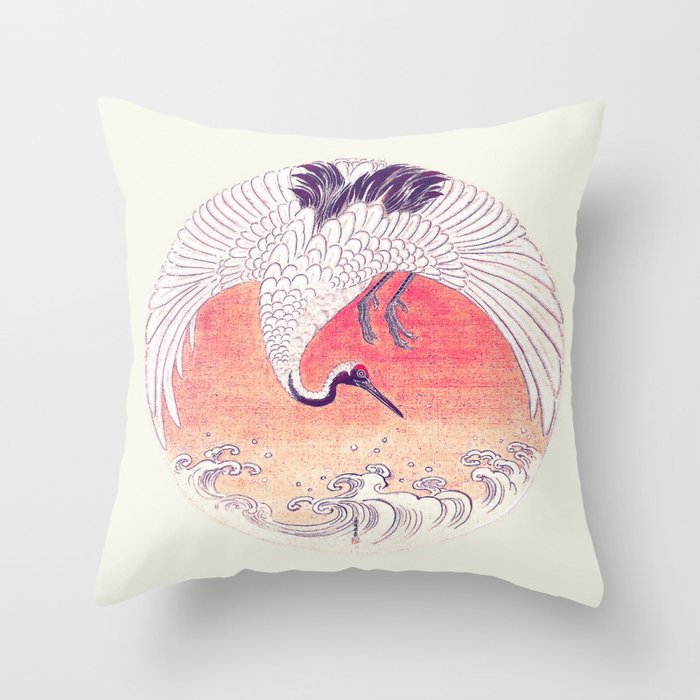 Vintage Japanese Crane, Sun, and Waves Design Throw Pillow
