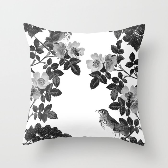 Birds and the Bees Black and White Throw Pillow
