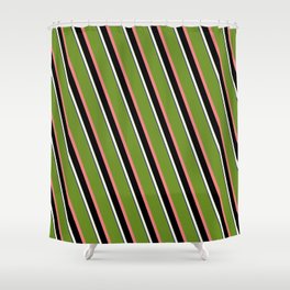 [ Thumbnail: Eyecatching Green, Light Coral, Black, Beige, and Dark Blue Colored Lined/Striped Pattern Shower Curtain ]