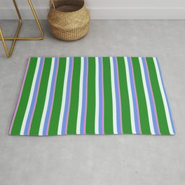 [ Thumbnail: Eyecatching Green, Violet, Cornflower Blue, Mint Cream & Forest Green Colored Pattern of Stripes Rug ]