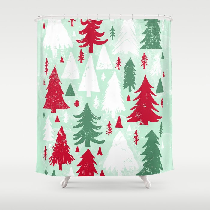 Mint, Red & Green Pine Trees Shower Curtain by Inked in Red Society6