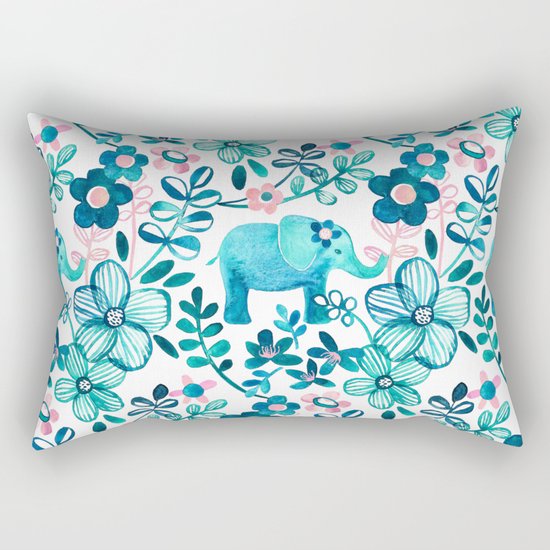 Dusty Pink, White and Teal Elephant and Floral Watercolor Pattern Rectangular Pillow