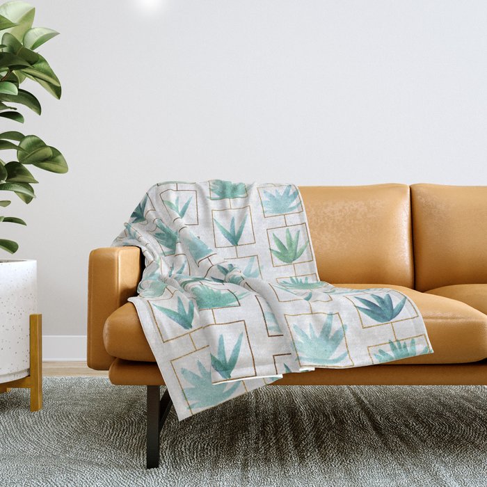 Mid Century Succulents Botanical Pattern Throw Blanket
