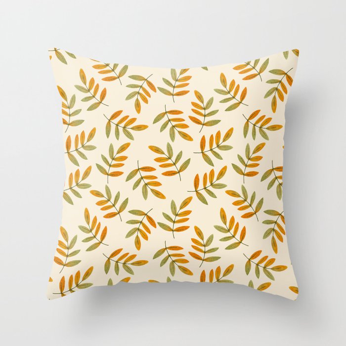 Autumn rustic green brown watercolor leaves pattern Throw Pillow