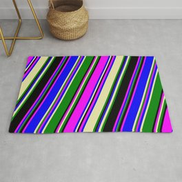 [ Thumbnail: Eye-catching Fuchsia, Blue, Pale Goldenrod, Green, and Black Colored Pattern of Stripes Rug ]