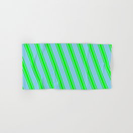 [ Thumbnail: Sky Blue & Lime Colored Lines/Stripes Pattern Hand & Bath Towel ]
