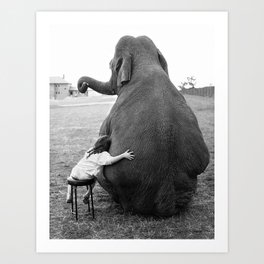 Odd Best Friends, Sweet Little Girl hugging elephant black and white photograph Art Print