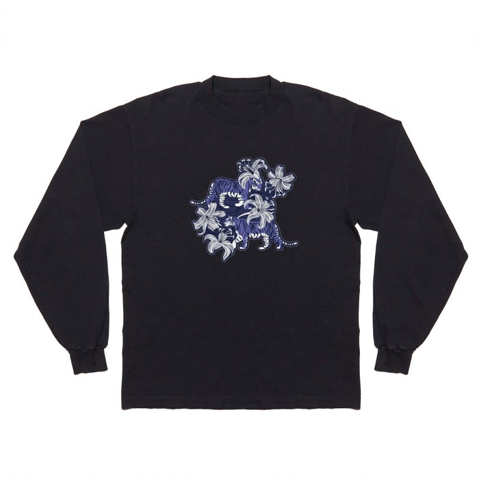 Tigers in a tiger lily garden // textured navy blue background very peri wild animals light grey flowers Long Sleeve T Shirt