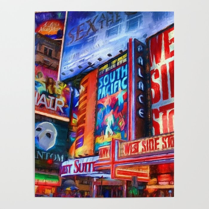 Nights on Broadway; New York City theater show district neon billboards landscape painting  Poster