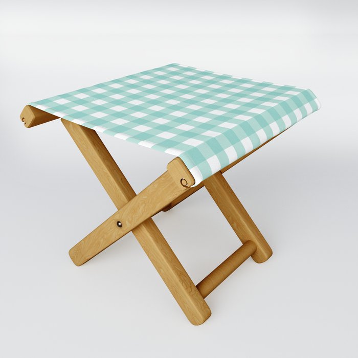 Teal Pastel Farmhouse Style Gingham Check Folding Stool