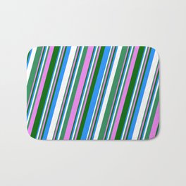 [ Thumbnail: Vibrant Sea Green, Violet, Dark Green, Blue, and White Colored Stripes/Lines Pattern Bath Mat ]