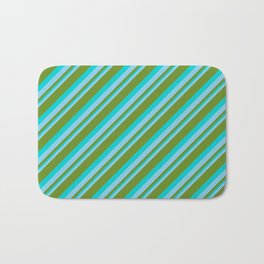 [ Thumbnail: Sky Blue, Green & Dark Turquoise Colored Striped Pattern Bath Mat ]