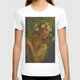 The Light at the End of the Tunnel; Young Woman Dreams in the Woods floral portrait painting by Gaston Bussière  T Shirt