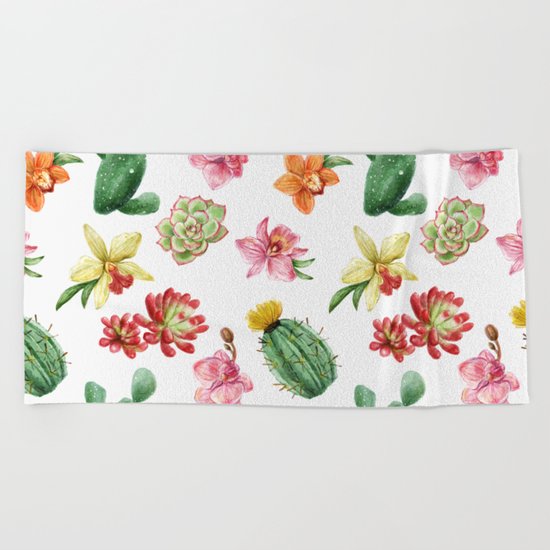 Watercolor Cacti Pattern Beach Towel