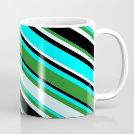 [ Thumbnail: Aqua, Forest Green, Light Cyan, and Black Colored Lines/Stripes Pattern Coffee Mug ]