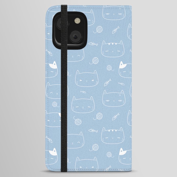 Pale Blue and White Doodle Kitten Faces Pattern iPhone Wallet Case