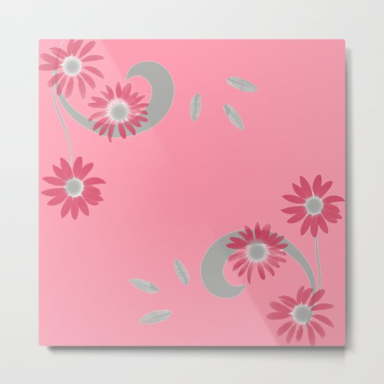 Floral Scroll Design - Strawberry Red Metal Print