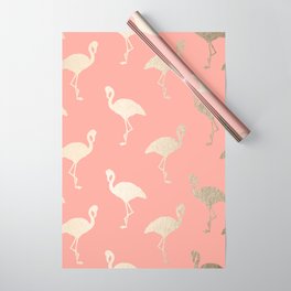 Gold Flamingo Pattern Coral Pink Wrapping Paper