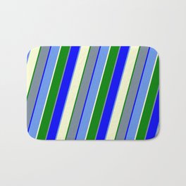 [ Thumbnail: Light Slate Gray, Blue, Cornflower Blue, Light Yellow, and Green Colored Lined/Striped Pattern Bath Mat ]