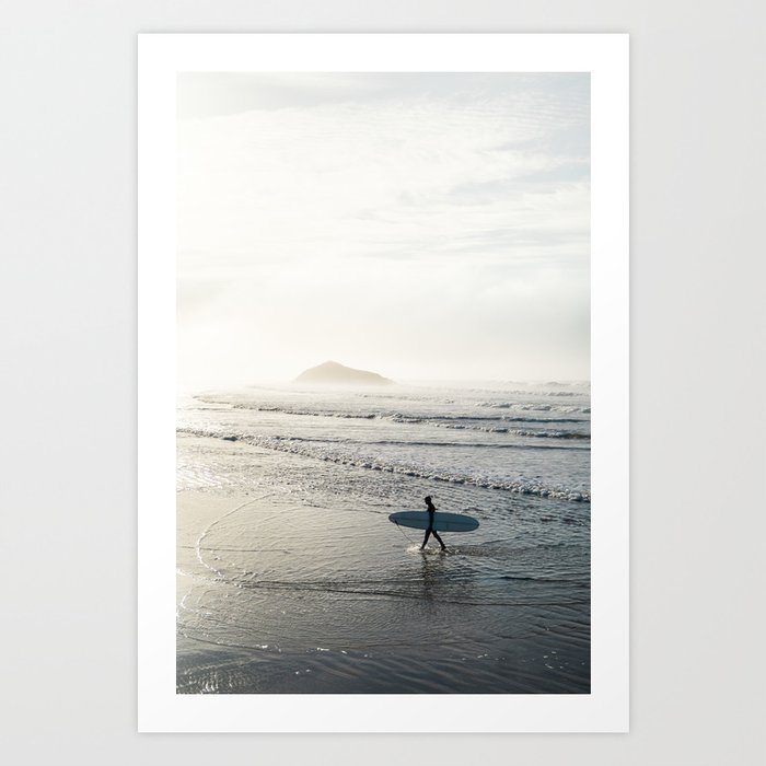 Tofino surfer on the beach with surfboard - catching first waves at sunrise | travel photography Art Print