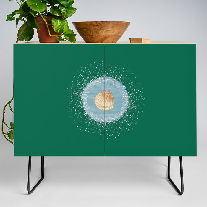 Watercolor Seashell and Blue Circle on Green Credenza
