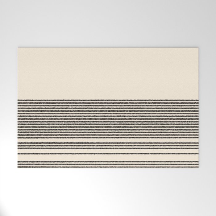 Organic Stripes - Minimalist Textured Line Pattern in Black and Almond Cream Welcome Mat