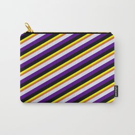 [ Thumbnail: Yellow, Chocolate, Lavender, Indigo, and Black Colored Lined Pattern Carry-All Pouch ]