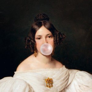 detail of a neoclassical portrait of a woman blowing bubble gum