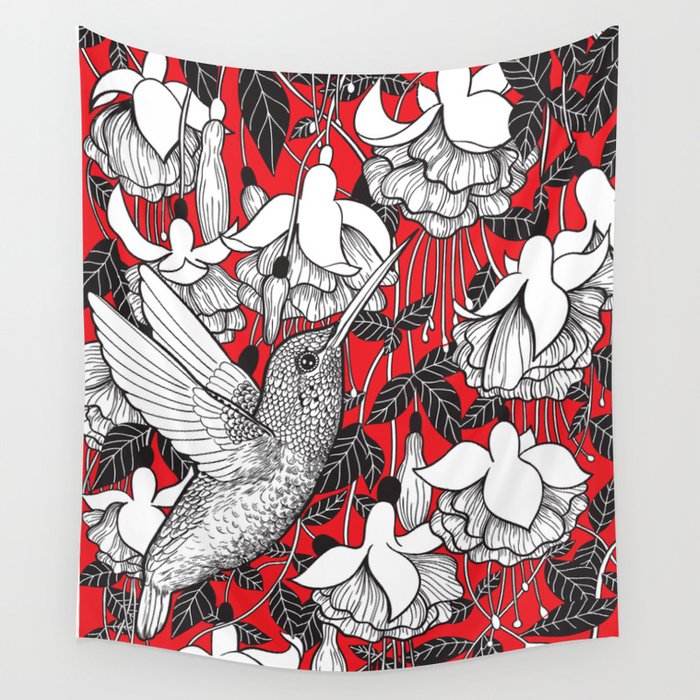 Hummingbird and fuchsia, red background Wall Tapestry