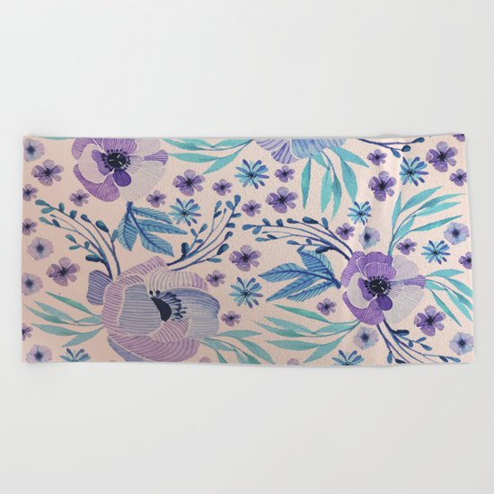 Purple Flowers and Green Leaves Beach Towel