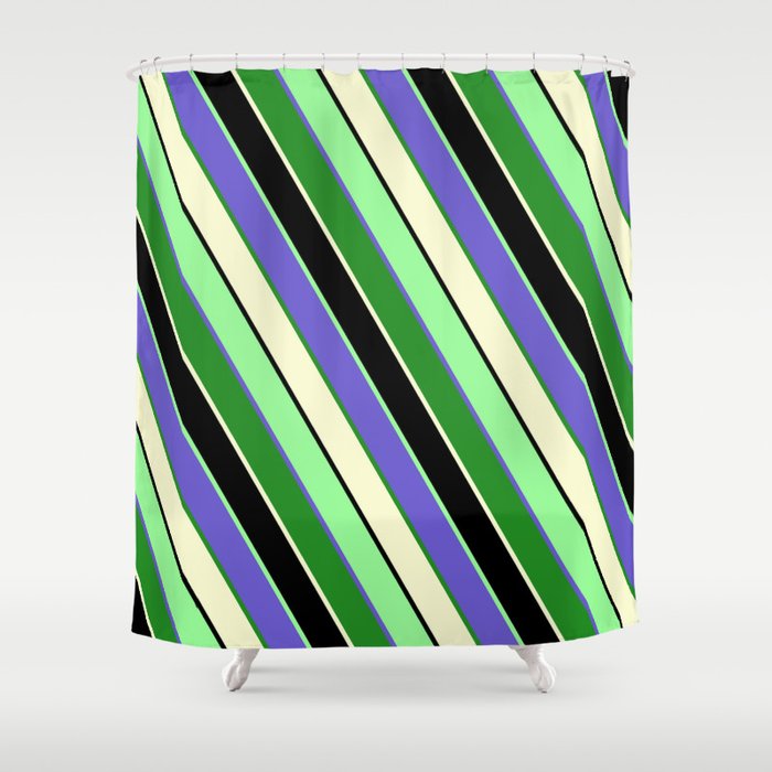 Vibrant Slate Blue, Forest Green, Light Yellow, Black, and Green Colored Stripes Pattern Shower Curtain