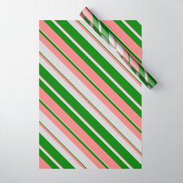 [ Thumbnail: Light Grey, Green & Light Coral Colored Lines/Stripes Pattern Wrapping Paper ]