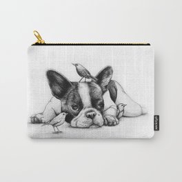 Frenchie and the Birds Carry-All Pouch | Bulldog, Animal, Friendship, Birds, Graphite, Nature, Illustration, Dogs, Pets, Black and White 