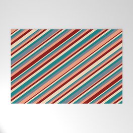 [ Thumbnail: Eye-catching Bisque, Teal, Slate Gray, Light Salmon & Dark Red Colored Stripes Pattern Welcome Mat ]