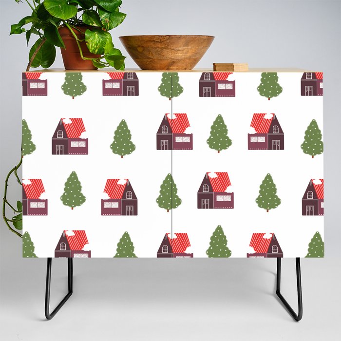 Cute House And Christmas Tree Print Seamless Pattern Credenza