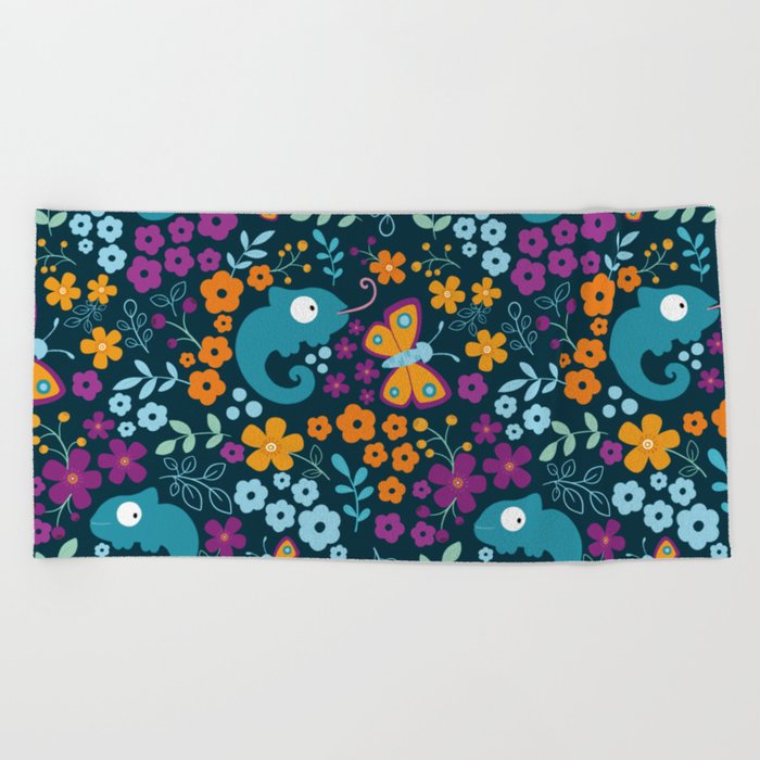 Chameleon and flowers Beach Towel