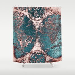 Antique World Map Pink Quartz Teal Blue by Nature Magick Shower Curtain