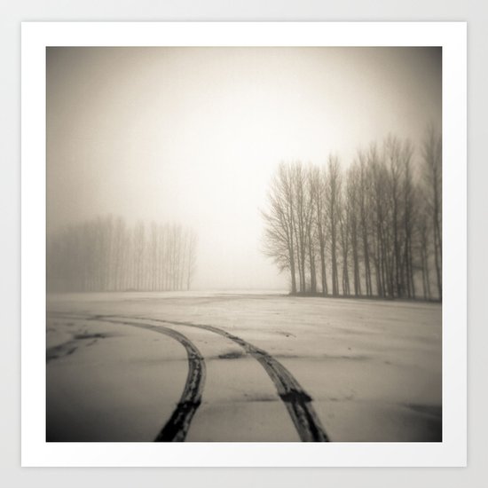 Tyre tracks in snow Art Print