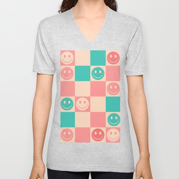 Smiley Retro Teal & Peach Check V Neck T Shirt