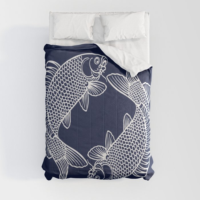 Navy Blue Feng Shui Yin Yang Harmony Koi Minimalist Line Drawing Comforter