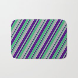[ Thumbnail: Indigo, Sea Green & Dark Gray Colored Lined/Striped Pattern Bath Mat ]