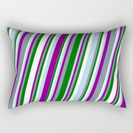 [ Thumbnail: Light Blue, Purple, Light Slate Gray, Dark Green & White Colored Striped Pattern Rectangular Pillow ]
