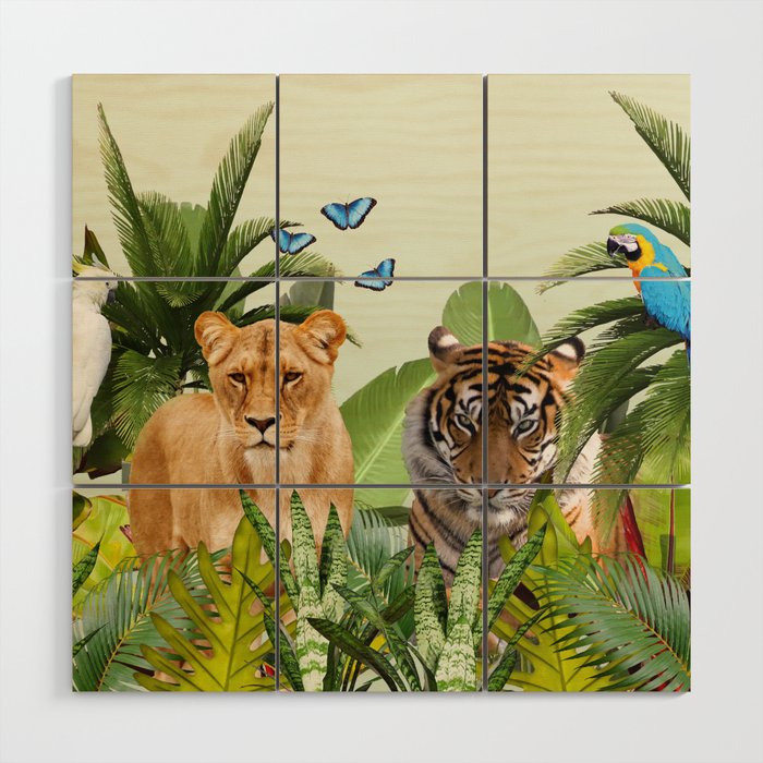 Lion Tiger Tropical Jungle Palm Banana Leaves Macaw Birds Butterflies Wood Wall Art
