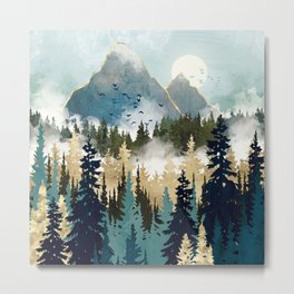 Misty Pines Metal Print | Boho, Mountains, Indigo, Abstract, Wanderlust, Fog, Nature, Moon, Trees, Landscape 