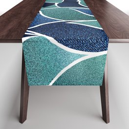 Festive, Floral Prints, Navy Blue and Teal on White Table Runner