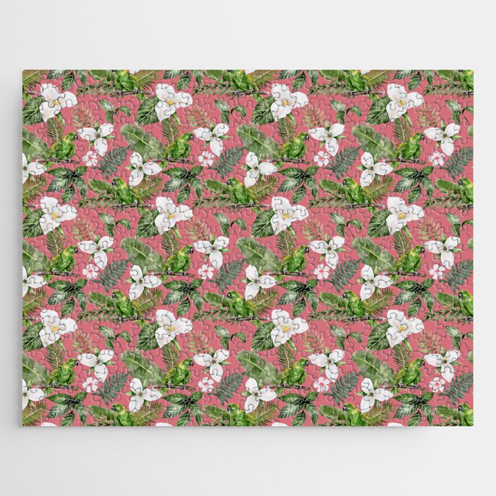 Pink Tropical Flowers Parrot Pattern Jigsaw Puzzle