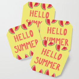 Hello Summer Watercolor Handlettered Painting - Yellow Background Coaster
